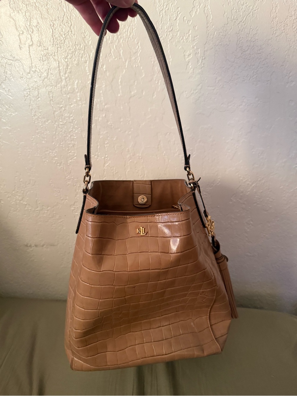 Lauren Ralph Lauren Croc-Embossed Bucket Bag – Tan/Camel - Picture 1 of 16